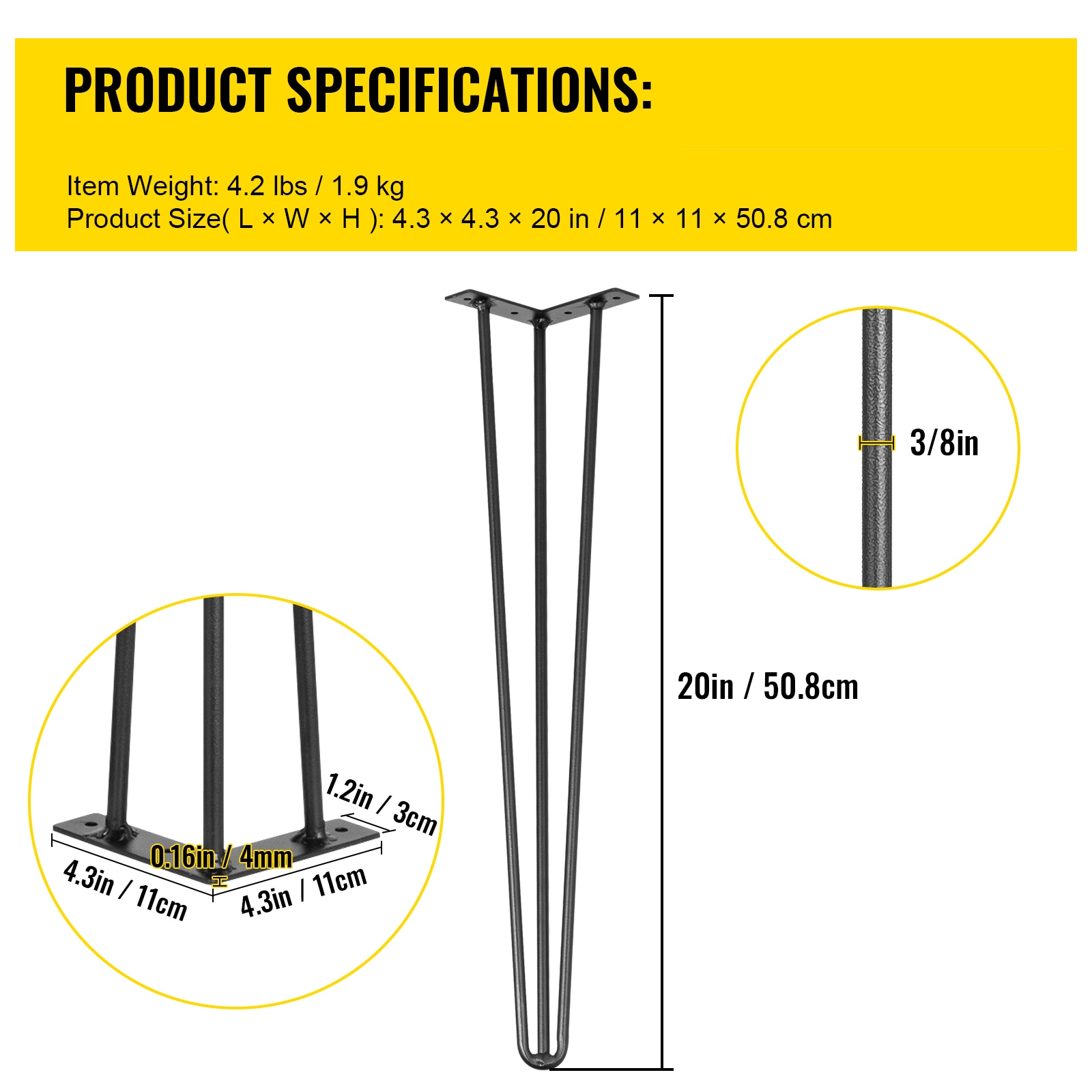 Hairpin Table Legs 20" Black Set Of 4 Desk Legs 880lbs Load Capacity (Each 220lbs) Hairpin Desk Legs 3 Rods For Bench Desk Dining End Table Chairs Carbon Steel DIY Heavy Duty Furniture Legs_maomaolike.com